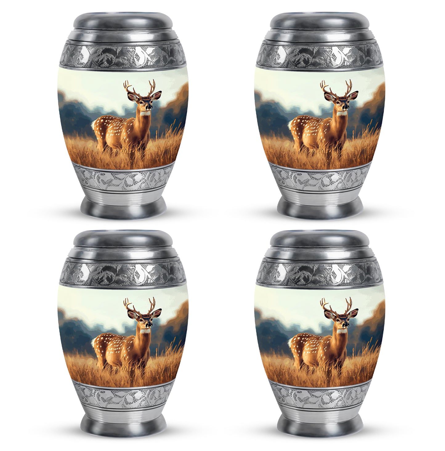 Chrome Silver Deer Cremation Urn urn with complimentary velvet bag - majestic deer pattern with filigree border - 10 inch aluminum urn for cremated remains