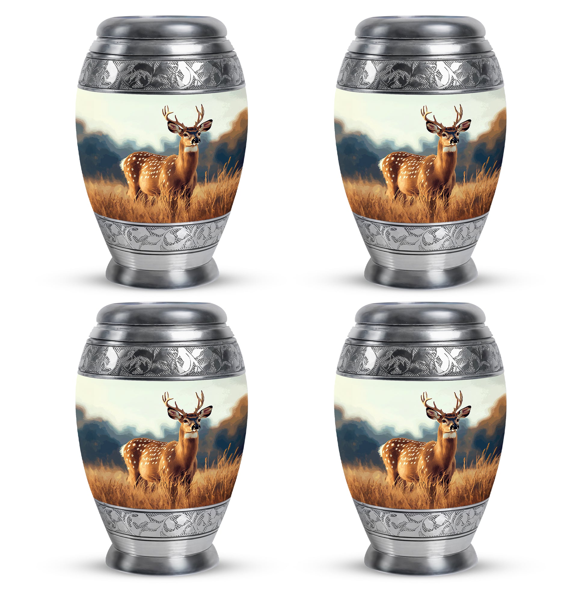 Chrome Silver Deer Cremation Urn urn with complimentary velvet bag - majestic deer pattern with filigree border - 10 inch aluminum urn for cremated remains