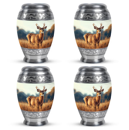 Chrome Silver Deer Cremation Urn urn with complimentary velvet bag - majestic deer pattern with filigree border - 10 inch aluminum urn for cremated remains