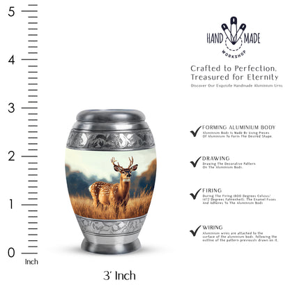 Brushed Silver Deer Cremation Urn lifestyle display on memorial shelf - regal deer design with crown-inspired accents - mini keepsake memorial for portion of cremation ashes