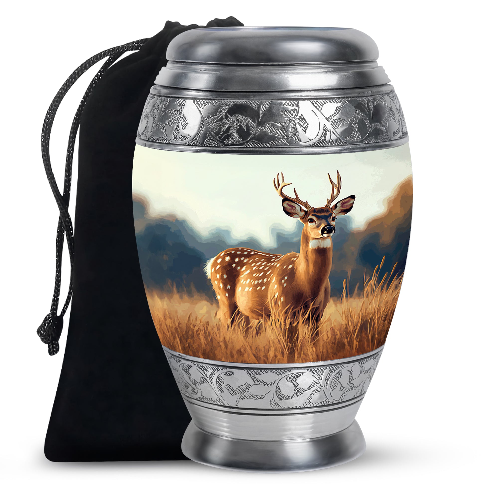 Chrome Silver Deer Cremation Urn back view with polished surface - royal deer engraving with decorative scrollwork - full-size 10 inch 200 cubic inch adult cremation urn