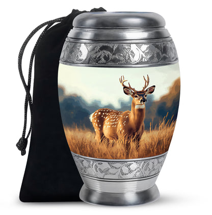 Chrome Silver Deer Cremation Urn back view with polished surface - royal deer engraving with decorative scrollwork - full-size 10 inch 200 cubic inch adult cremation urn