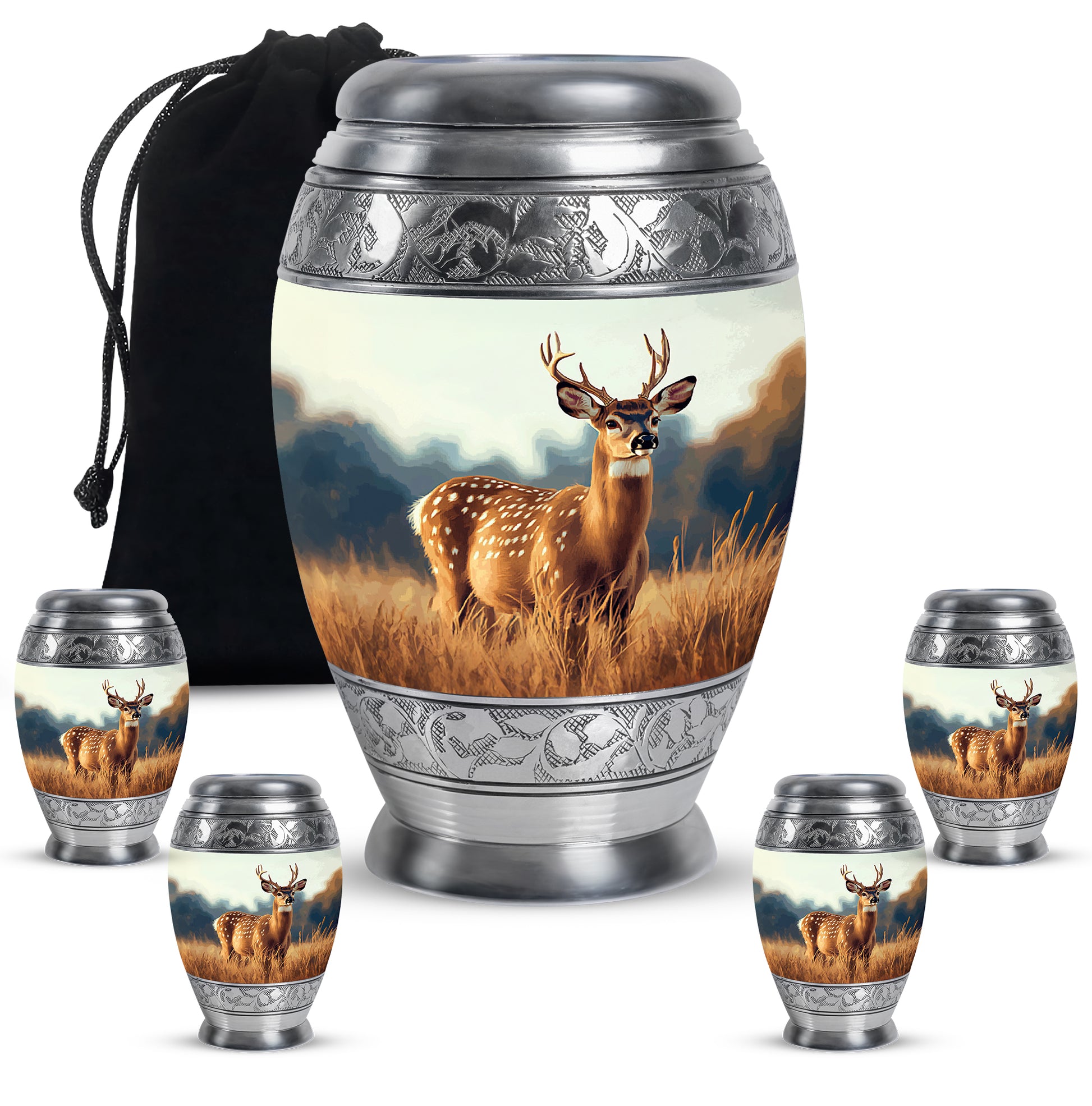 Satin Silver Deer Cremation Urn detail view - regal deer design with crown-inspired accents - memorial set with one large and four small urns