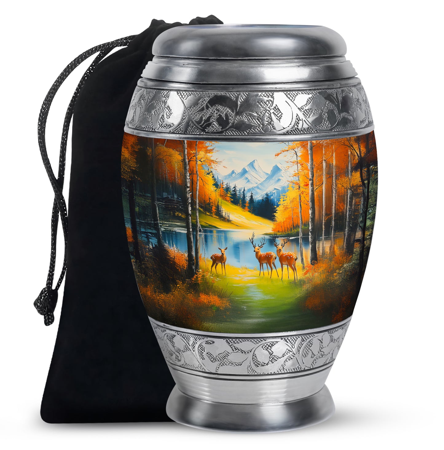 Cool Teal Deer Cremation Urn back view with polished surface - ornate monarch-style deer relief on brushed aluminum - full-size 10 inch 200 cubic inch adult cremation urn