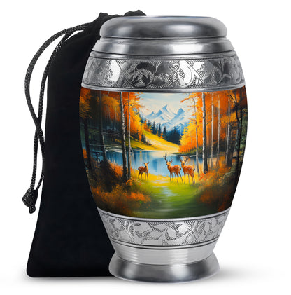 Cool Teal Deer Cremation Urn back view with polished surface - ornate monarch-style deer relief on brushed aluminum - full-size 10 inch 200 cubic inch adult cremation urn