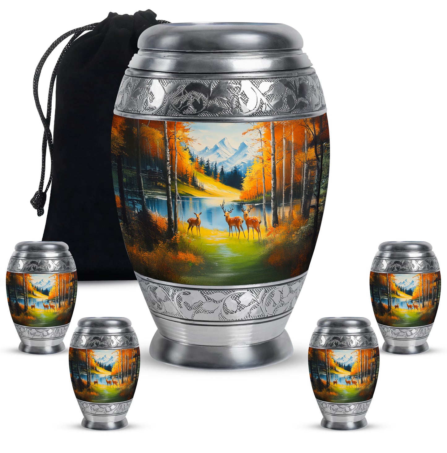 Sea Green Teal Deer Cremation Urn detail view - regal deer design with crown-inspired accents - memorial set with one large and four small urns