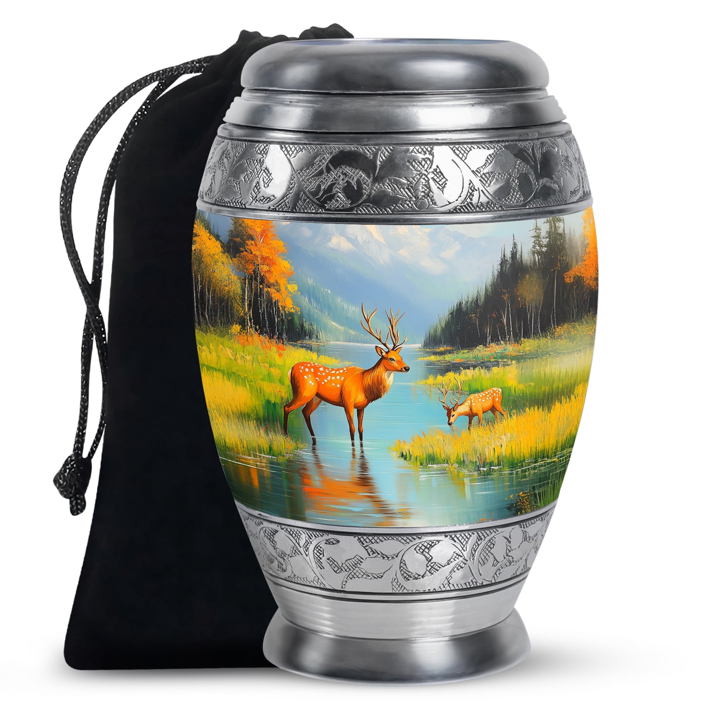 Celestial Blue Deer Cremation Urn back view with polished surface - ornate monarch-style deer relief on brushed aluminum - full-size 10 inch 200 cubic inch adult cremation urn