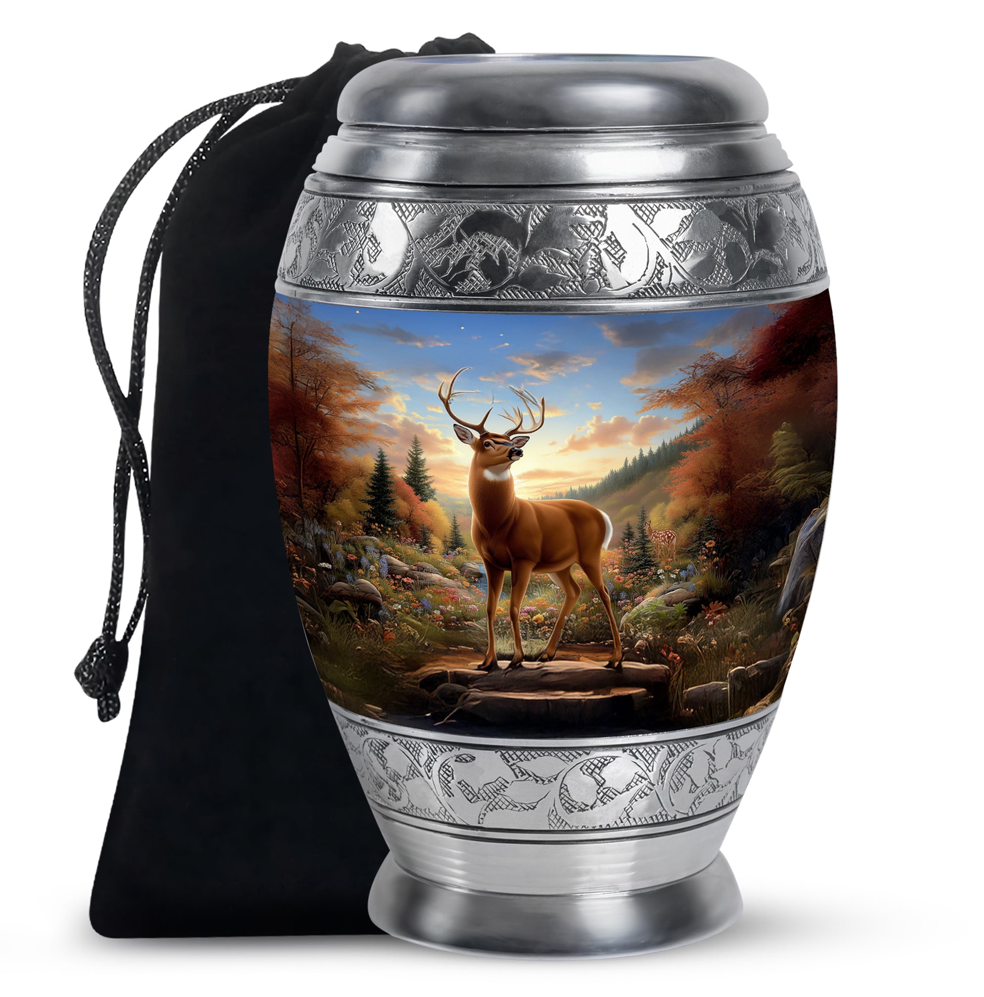 Cobalt Blue Deer Cremation Urn back view with polished surface - majestic deer pattern with filigree border - full-size 10 inch 200 cubic inch adult cremation urn