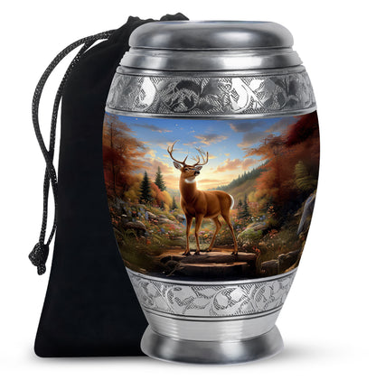 Cobalt Blue Deer Cremation Urn back view with polished surface - majestic deer pattern with filigree border - full-size 10 inch 200 cubic inch adult cremation urn
