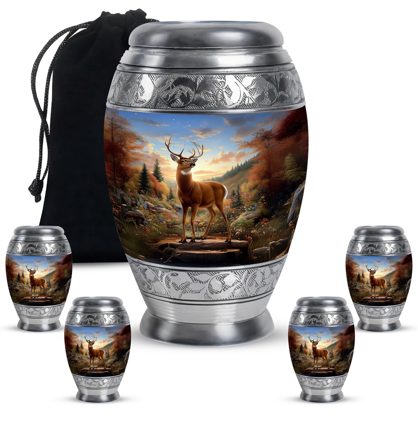 Royal Blue Deer Cremation Urn detail view - royal deer engraving with decorative scrollwork - memorial set with one large and four small urns