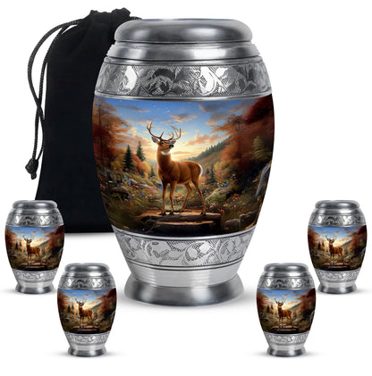 Royal Blue Deer Cremation Urn detail view - royal deer engraving with decorative scrollwork - memorial set with one large and four small urns