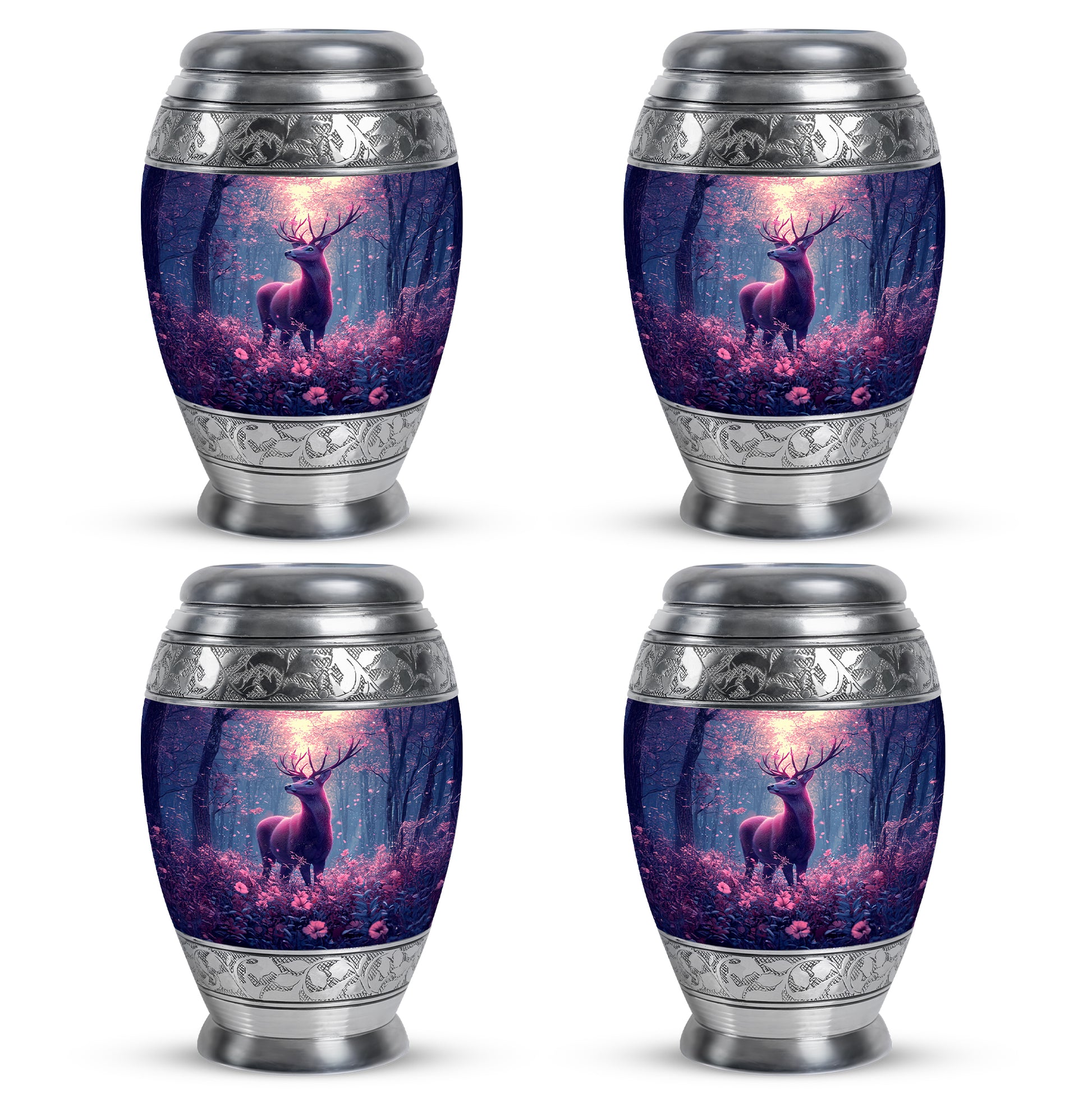Bright Blue Deer Cremation Urn urn with complimentary velvet bag - royal deer engraving with decorative scrollwork - 10 inch aluminum urn for cremated remains
