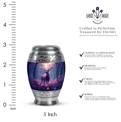 Icy Blue Deer Cremation Urn lifestyle display on memorial shelf - ornate monarch-style deer relief on brushed aluminum - mini keepsake memorial for portion of cremation ashes