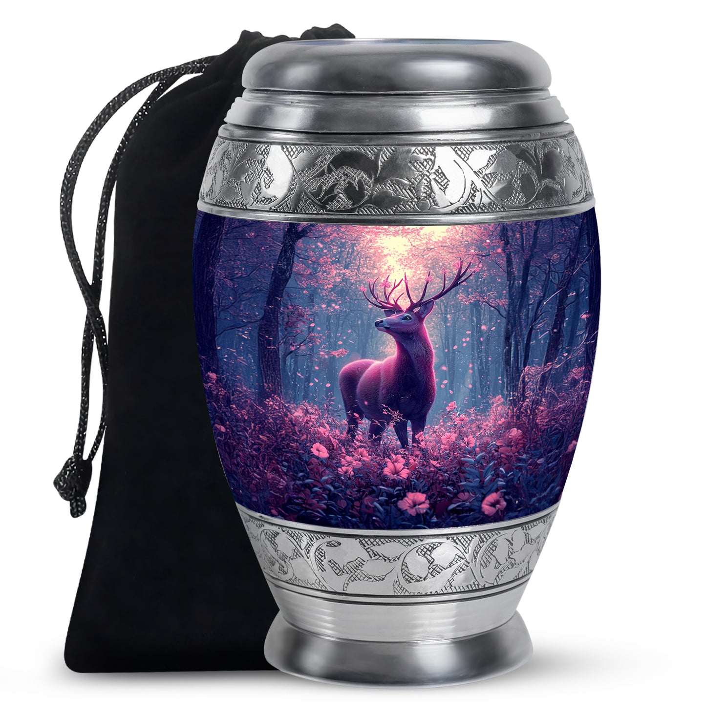 Sky Blue Deer Cremation Urn back view with polished surface - regal deer design with crown-inspired accents - full-size 10 inch 200 cubic inch adult cremation urn