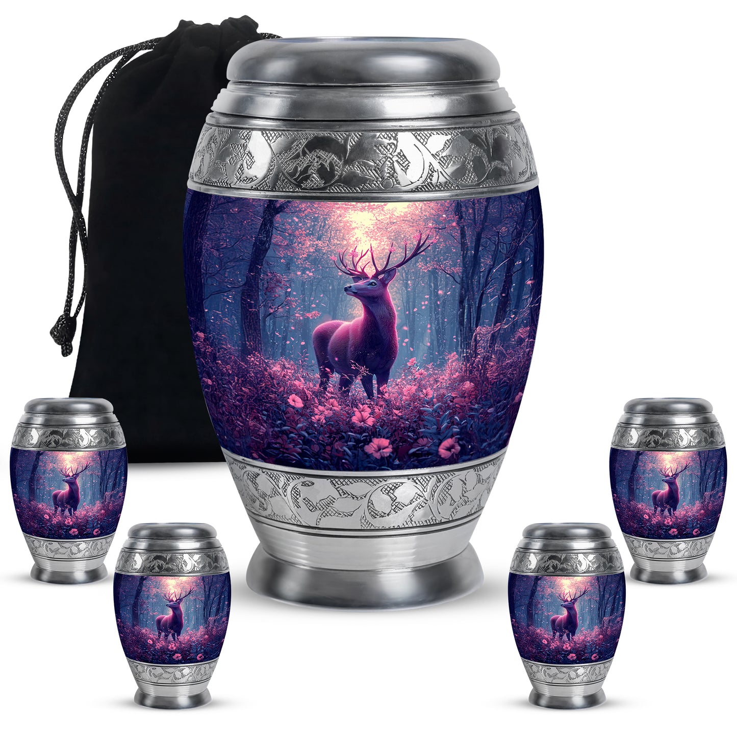 Azure Deer Cremation Urn detail view - ornate monarch-style deer relief on brushed aluminum - memorial set with one large and four small urns