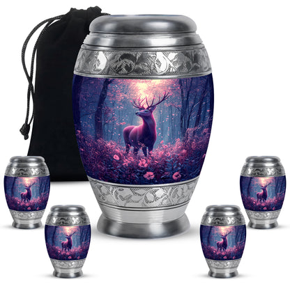 Azure Deer Cremation Urn detail view - ornate monarch-style deer relief on brushed aluminum - memorial set with one large and four small urns