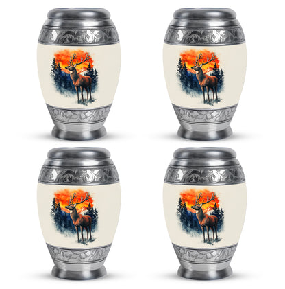 Brushed Silver Deer Cremation Urn urn with complimentary velvet bag - ornate monarch-style deer relief on brushed aluminum - 10 inch aluminum urn for cremated remains