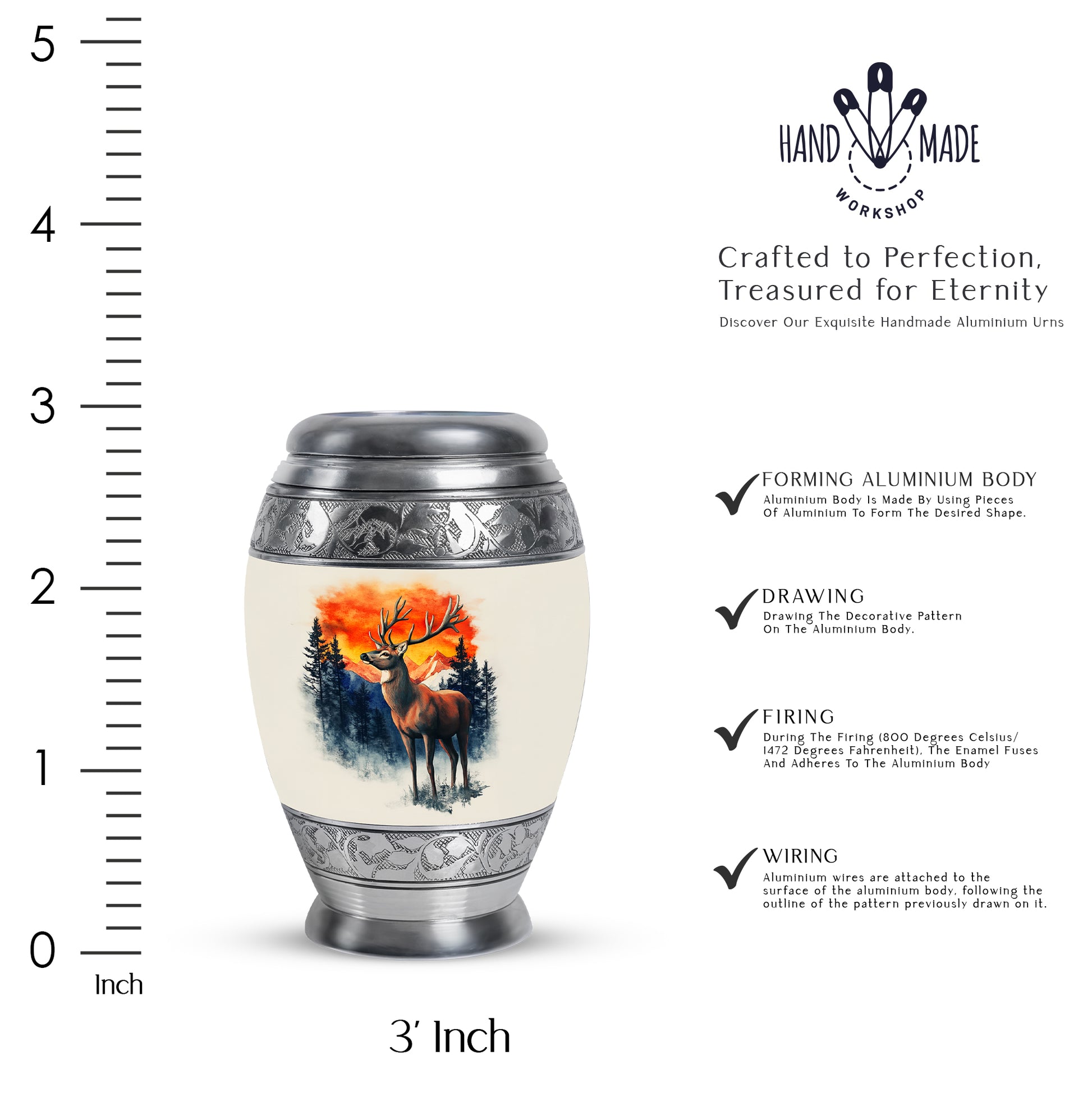 Chrome Silver Deer Cremation Urn lifestyle display on memorial shelf - majestic deer pattern with filigree border - mini keepsake memorial for portion of cremation ashes