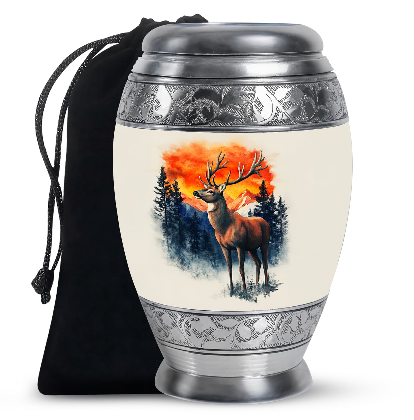 Satin Silver Deer Cremation Urn back view with polished surface - ornate monarch-style deer relief on brushed aluminum - full-size 10 inch 200 cubic inch adult cremation urn