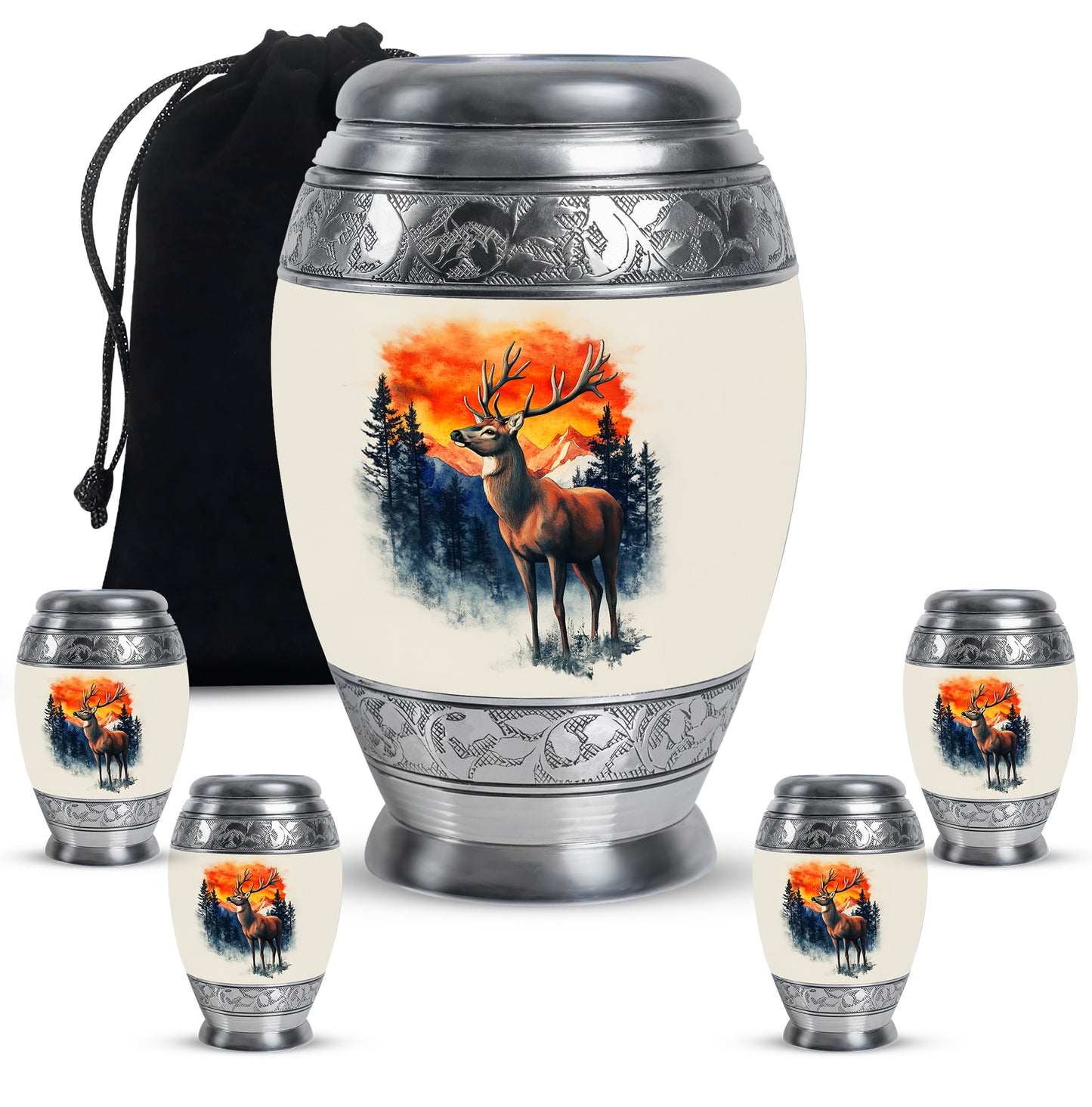 Platinum Silver Deer Cremation Urn detail view - ornate monarch-style deer relief on brushed aluminum - memorial set with one large and four small urns