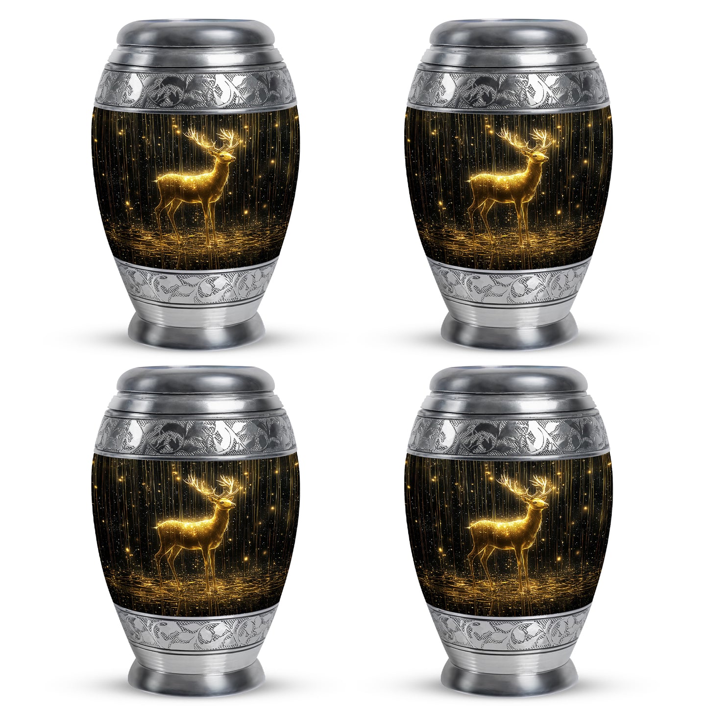 Onyx Black Deer Cremation Urn urn with complimentary velvet bag - majestic deer pattern with filigree border - 10 inch aluminum urn for cremated remains