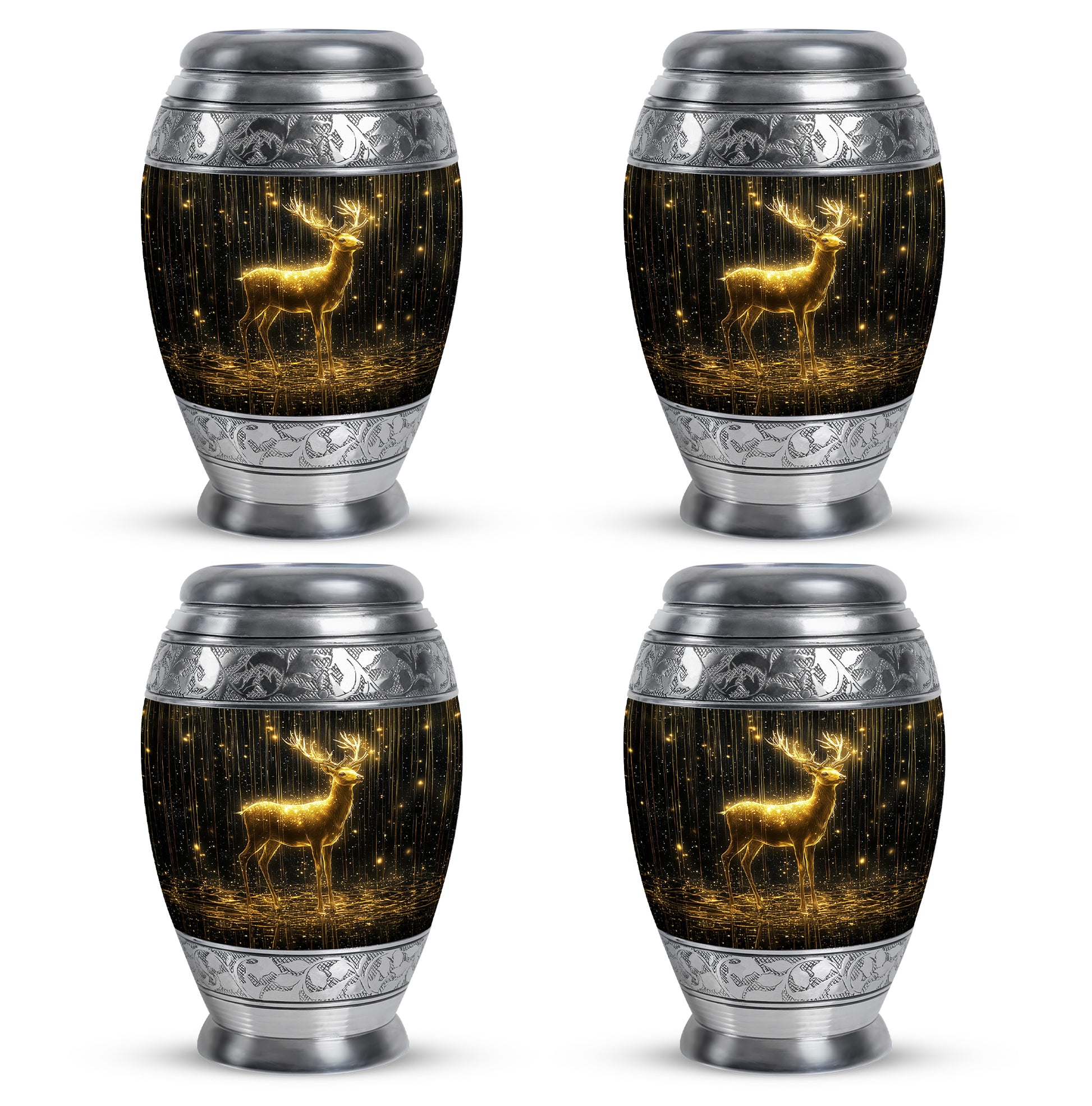 Onyx Black Deer Cremation Urn urn with complimentary velvet bag - majestic deer pattern with filigree border - 10 inch aluminum urn for cremated remains