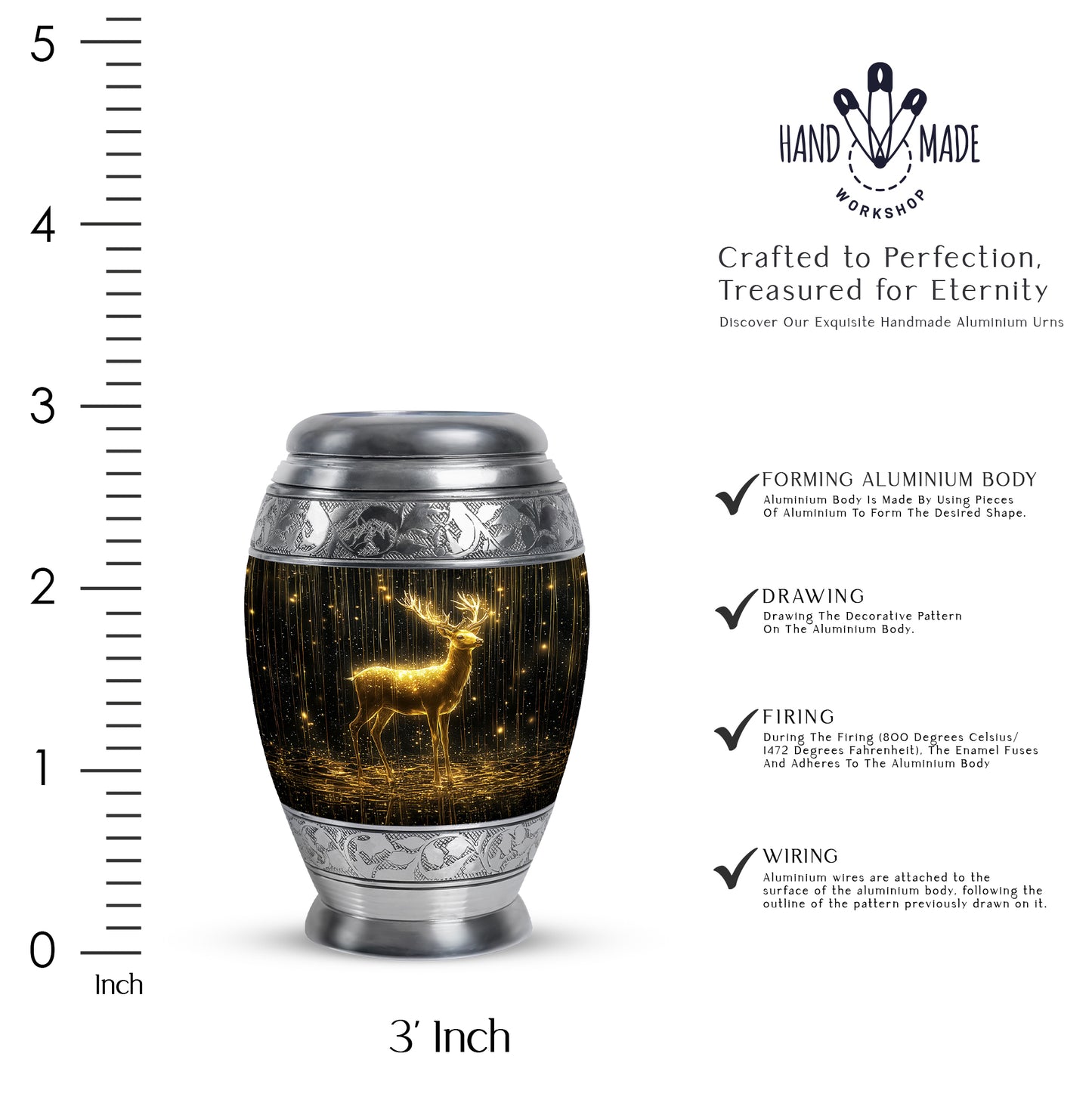 Onyx Black Deer Cremation Urn lifestyle display on memorial shelf - majestic deer pattern with filigree border - mini keepsake memorial for portion of cremation ashes