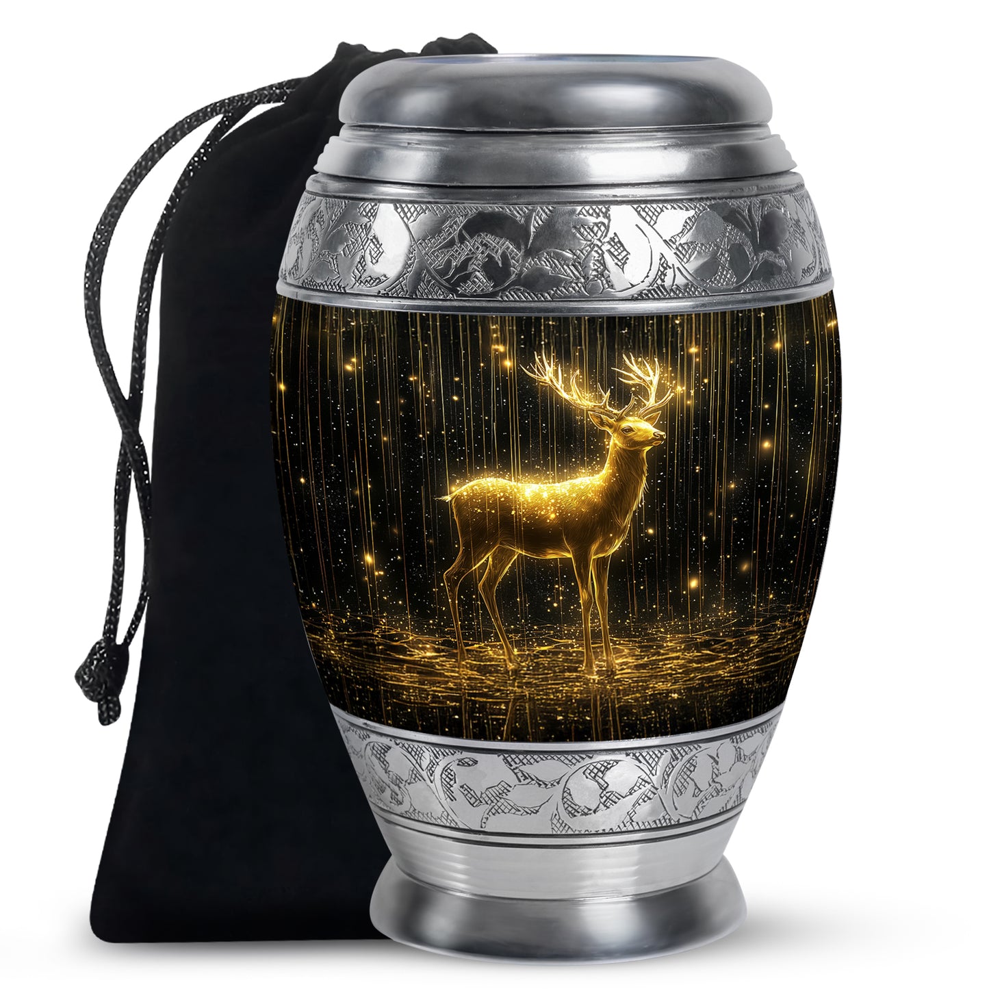 Dark Black Deer Cremation Urn back view with polished surface - majestic deer pattern with filigree border - full-size 10 inch 200 cubic inch adult cremation urn