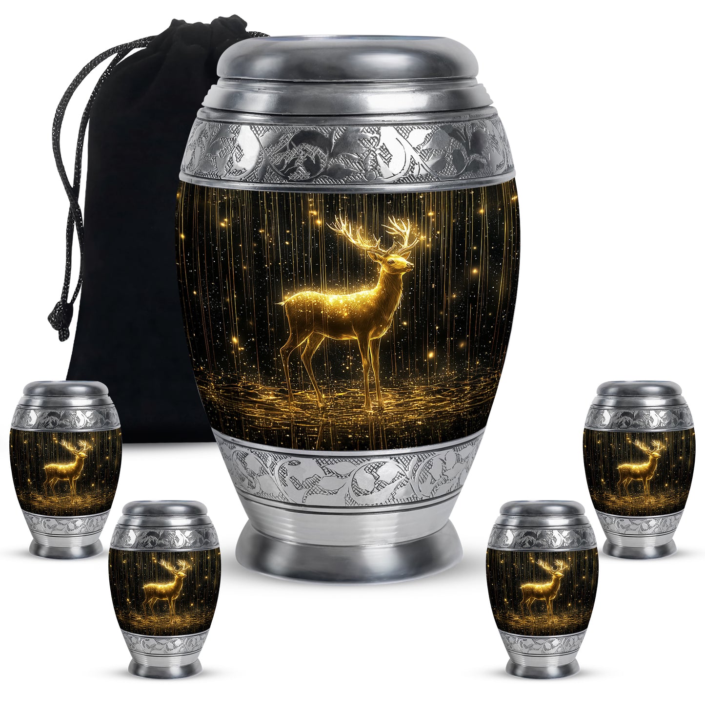 Charcoal Black Deer Cremation Urn detail view - royal deer engraving with decorative scrollwork - memorial set with one large and four small urns