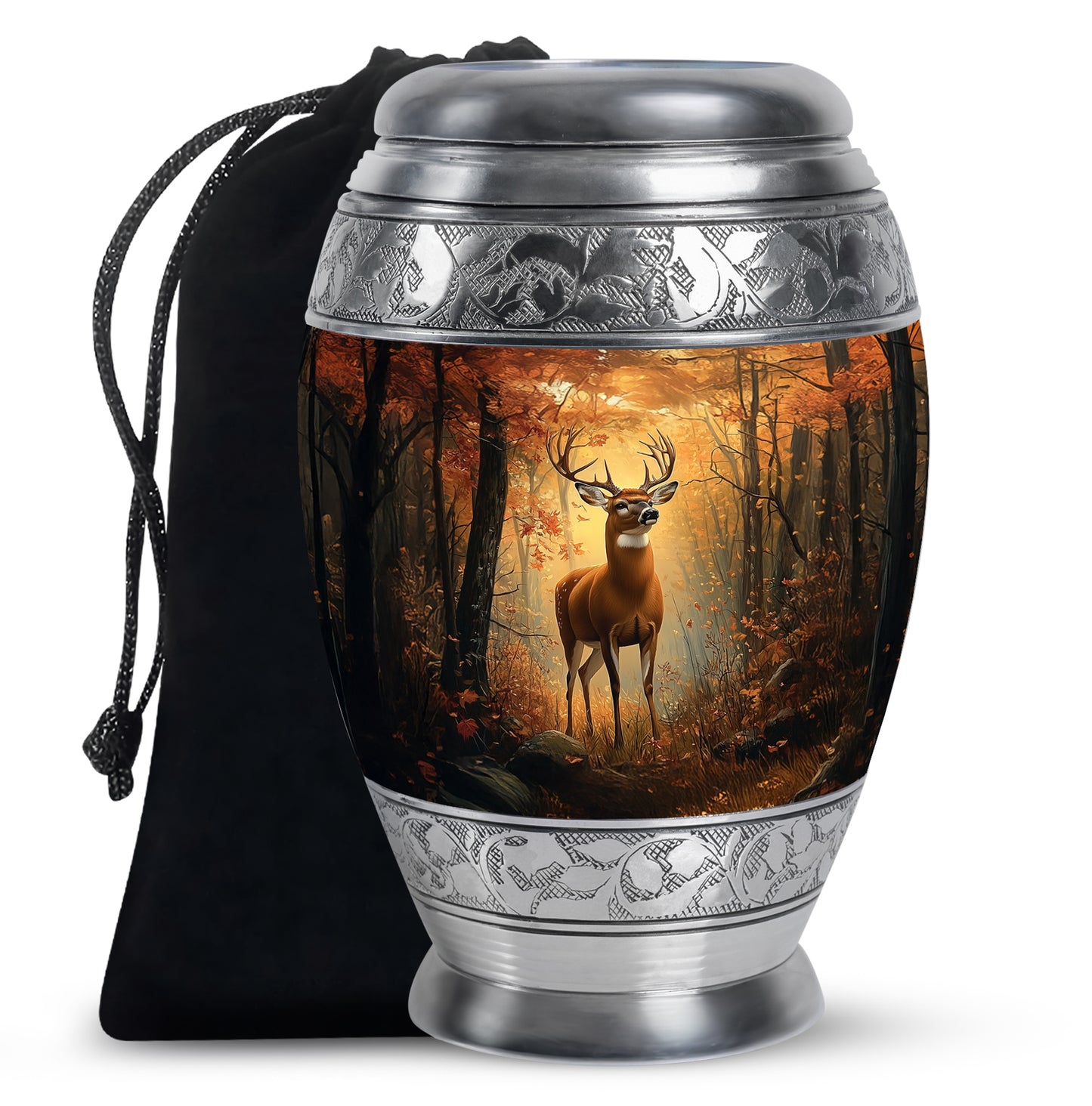 Champagne Gold Deer Cremation Urn back view with polished surface - regal deer design with crown-inspired accents - full-size 10 inch 200 cubic inch adult cremation urn