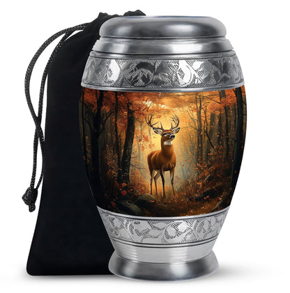 Champagne Gold Deer Cremation Urn back view with polished surface - regal deer design with crown-inspired accents - full-size 10 inch 200 cubic inch adult cremation urn