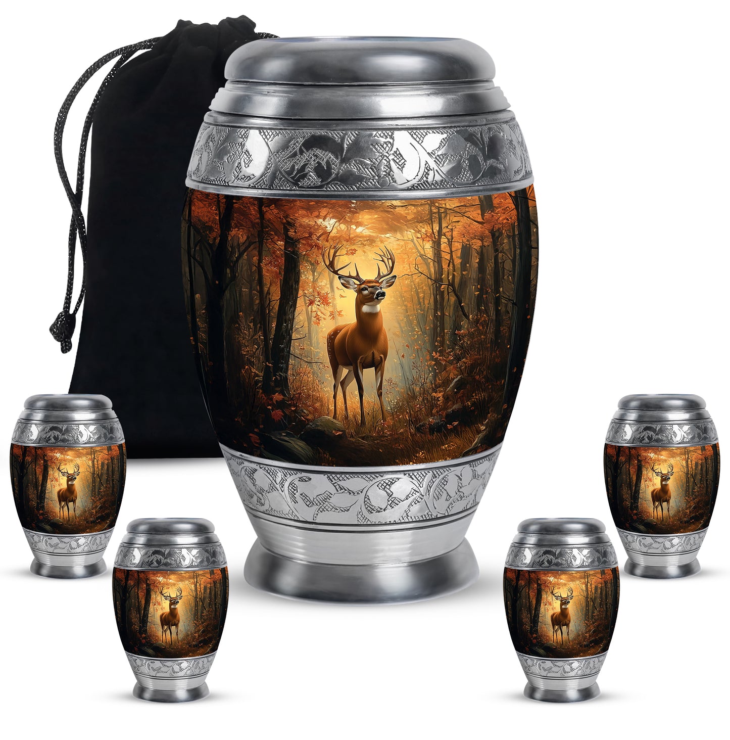 Champagne Gold Deer Cremation Urn detail view - ornate monarch-style deer relief on brushed aluminum - memorial set with one large and four small urns