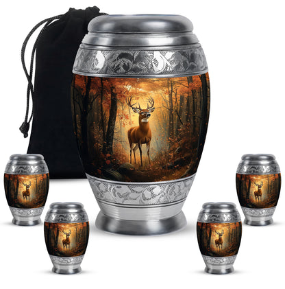Champagne Gold Deer Cremation Urn detail view - ornate monarch-style deer relief on brushed aluminum - memorial set with one large and four small urns