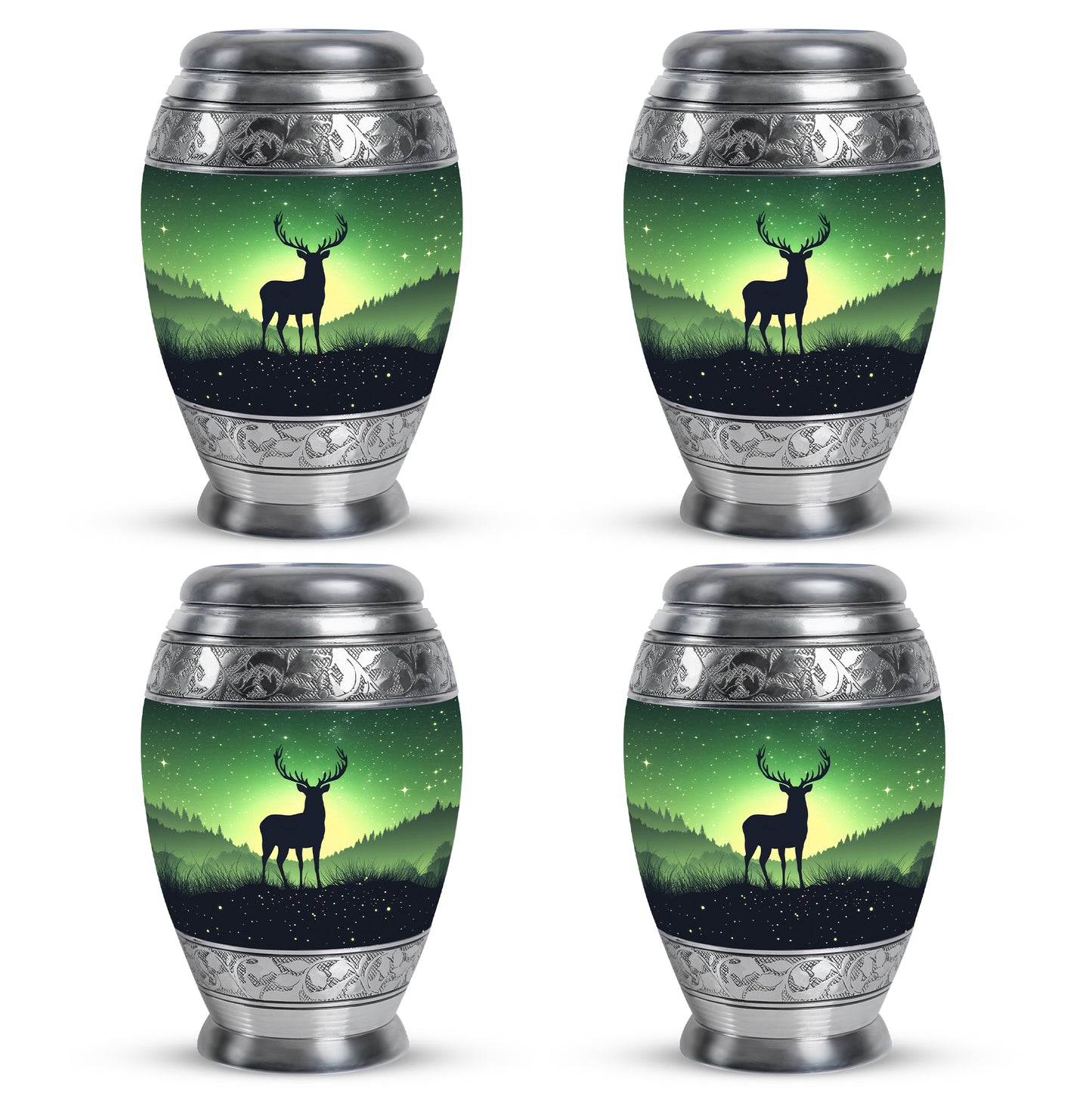 Mint Green Deer Cremation Urn urn with complimentary velvet bag - royal deer engraving with decorative scrollwork - 10 inch aluminum urn for cremated remains