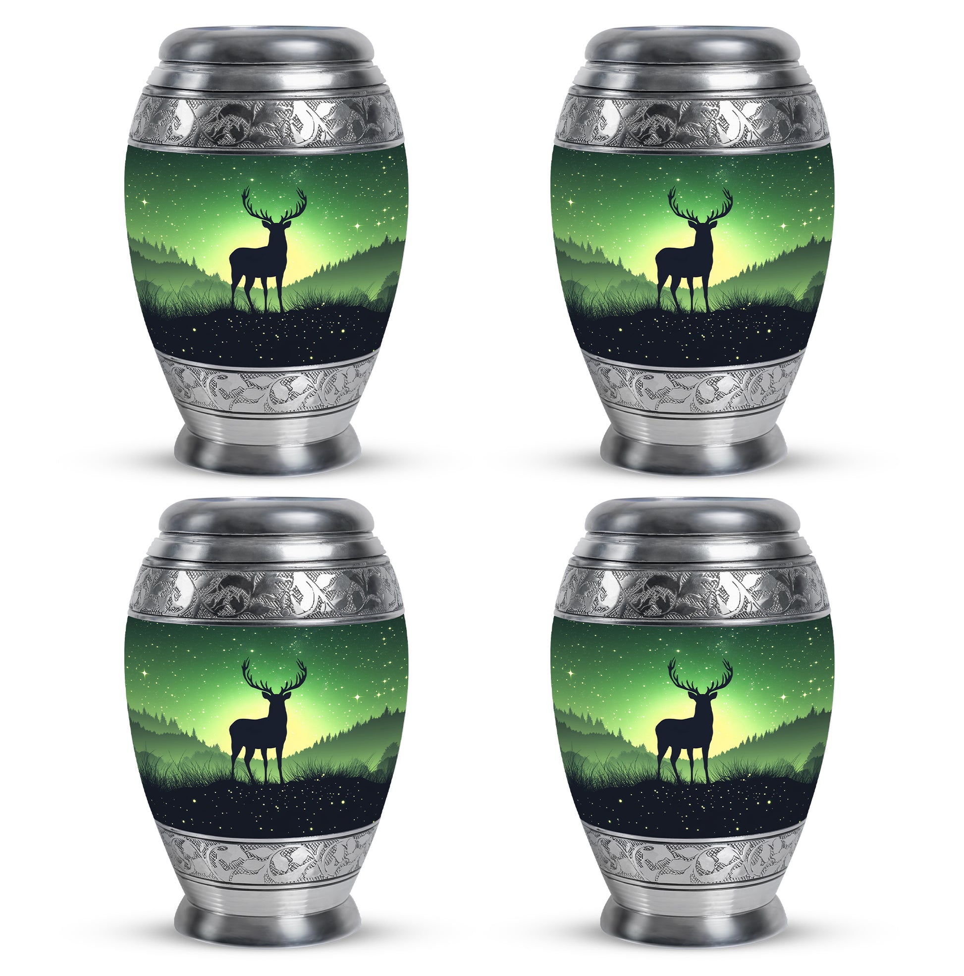 Mint Green Deer Cremation Urn urn with complimentary velvet bag - royal deer engraving with decorative scrollwork - 10 inch aluminum urn for cremated remains