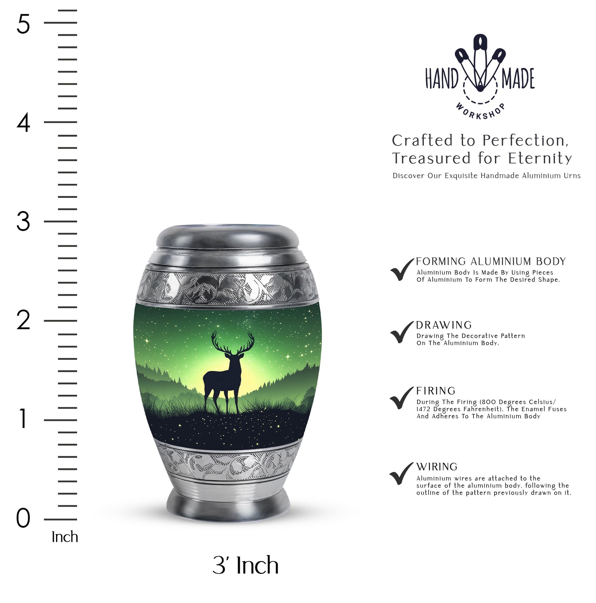 Pine Green Deer Cremation Urn lifestyle display on memorial shelf - royal deer engraving with decorative scrollwork - mini keepsake memorial for portion of cremation ashes