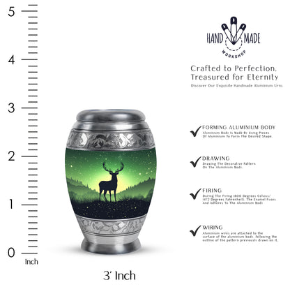 Pine Green Deer Cremation Urn lifestyle display on memorial shelf - royal deer engraving with decorative scrollwork - mini keepsake memorial for portion of cremation ashes