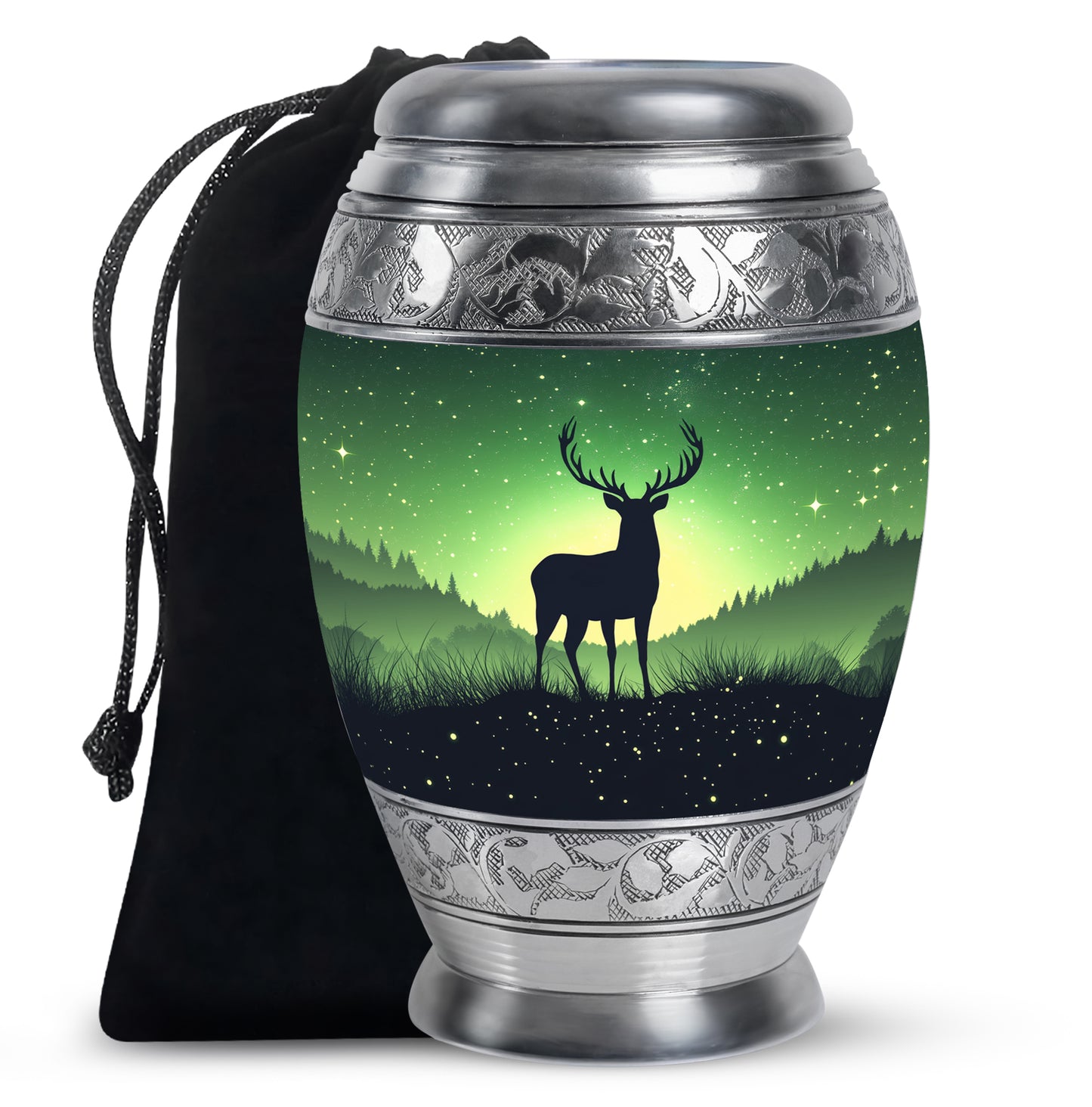 Olive Green Deer Cremation Urn back view with polished surface - royal deer engraving with decorative scrollwork - full-size 10 inch 200 cubic inch adult cremation urn