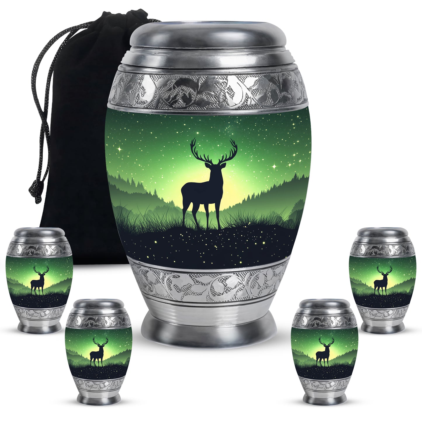 Hunter Green Deer Cremation Urn detail view - majestic deer pattern with filigree border - memorial set with one large and four small urns