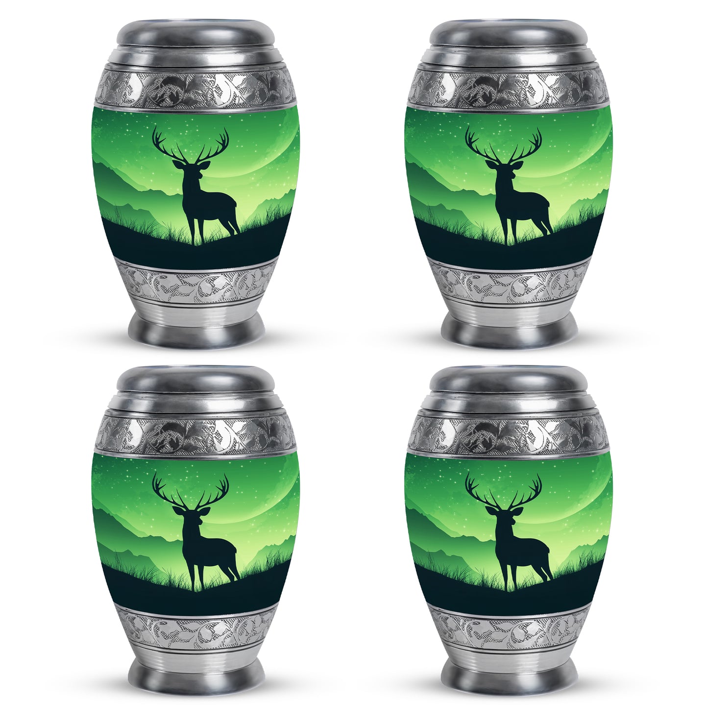 Pine Green Deer Cremation Urn urn with complimentary velvet bag - royal deer engraving with decorative scrollwork - 10 inch aluminum urn for cremated remains