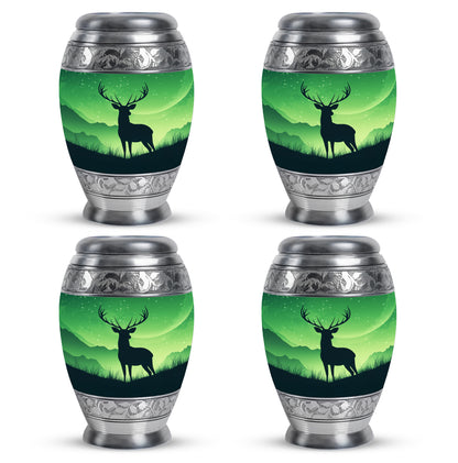 Pine Green Deer Cremation Urn urn with complimentary velvet bag - royal deer engraving with decorative scrollwork - 10 inch aluminum urn for cremated remains