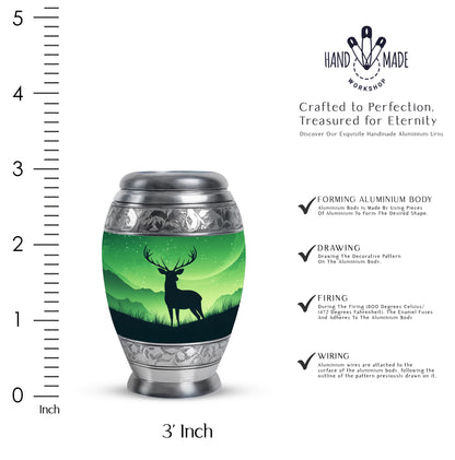 Pine Green Deer Cremation Urn lifestyle display on memorial shelf - majestic deer pattern with filigree border - mini keepsake memorial for portion of cremation ashes