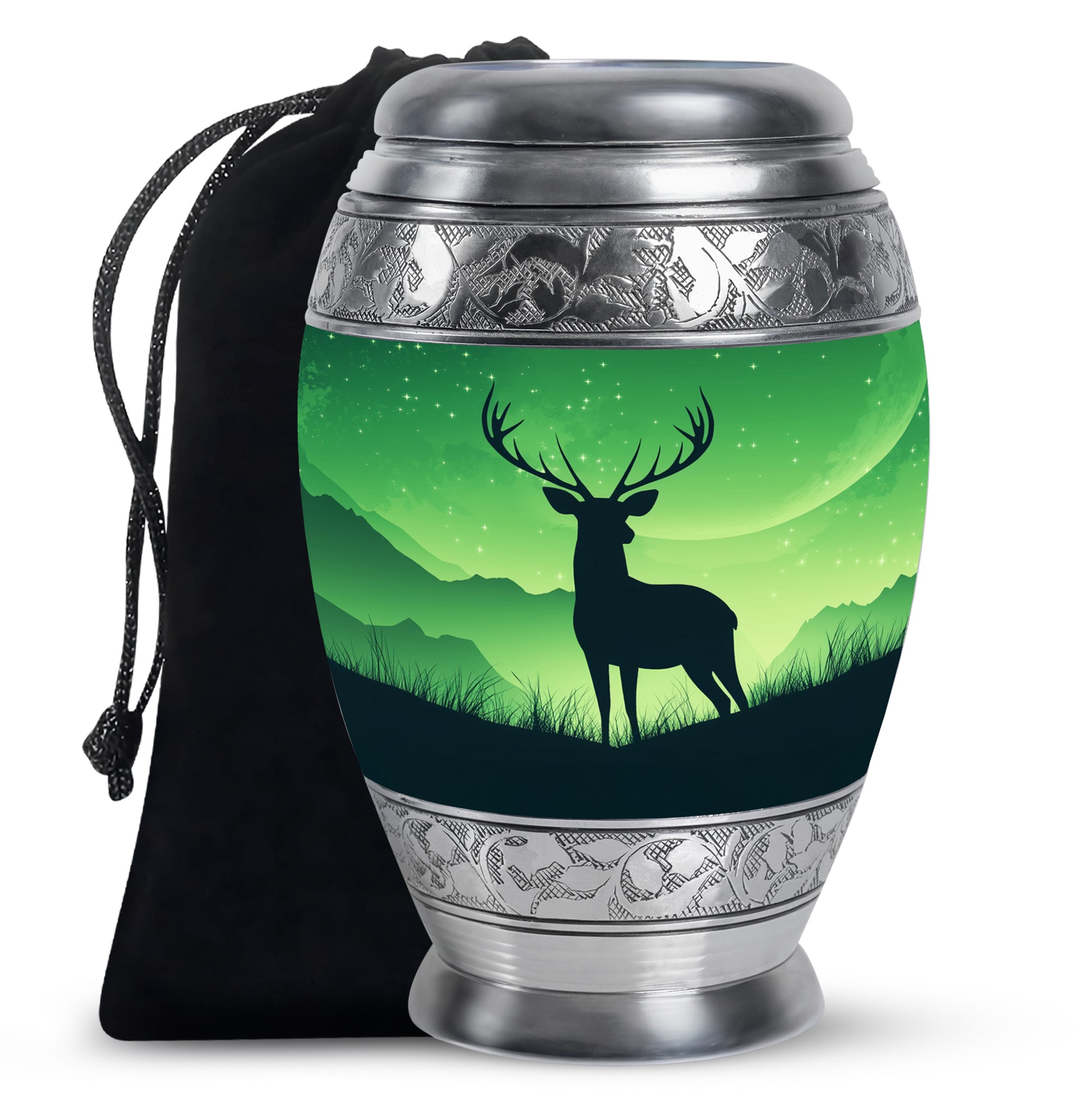 Moss Green Deer Cremation Urn back view with polished surface - ornate monarch-style deer relief on brushed aluminum - full-size 10 inch 200 cubic inch adult cremation urn