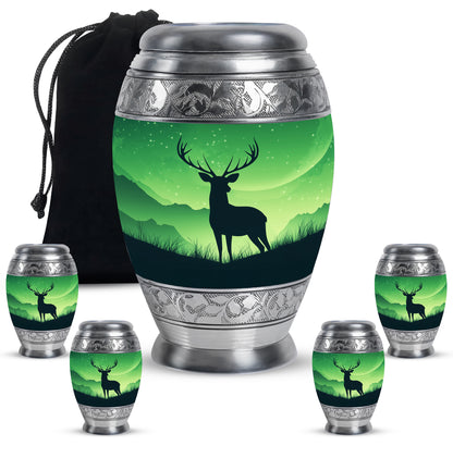 Olive Green Deer Cremation Urn detail view - royal deer engraving with decorative scrollwork - memorial set with one large and four small urns