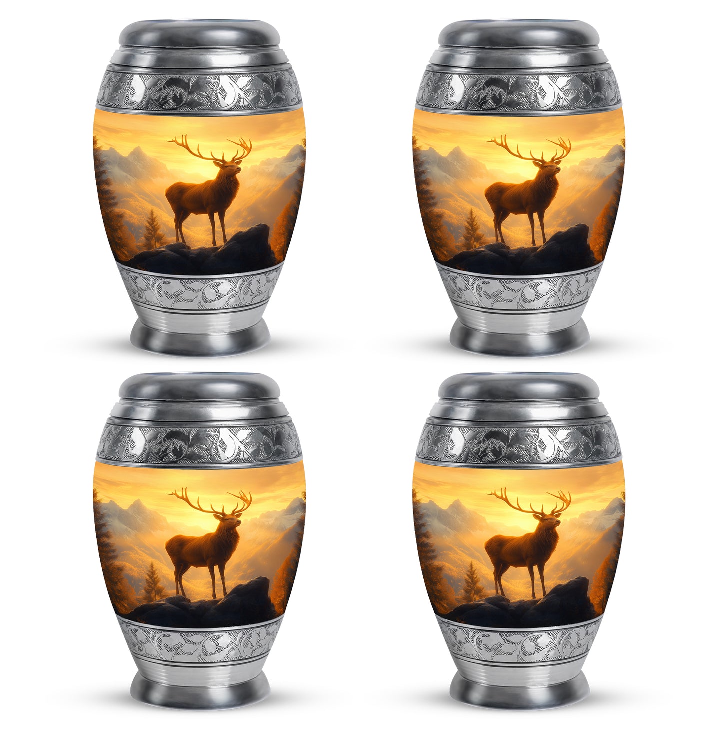 Burnished Gold Deer Cremation Urn urn with complimentary velvet bag - majestic deer pattern with filigree border - 10 inch aluminum urn for cremated remains