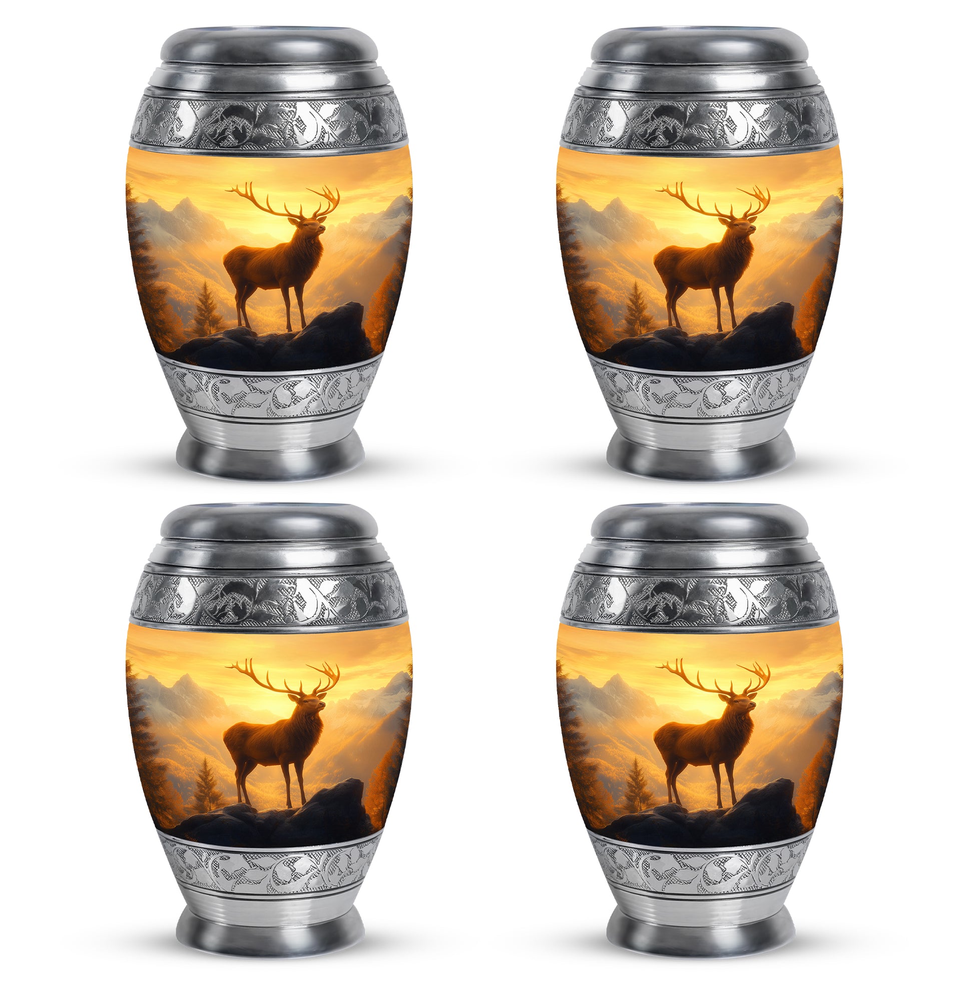 Burnished Gold Deer Cremation Urn urn with complimentary velvet bag - majestic deer pattern with filigree border - 10 inch aluminum urn for cremated remains