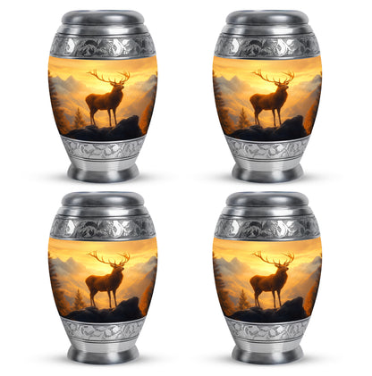 Burnished Gold Deer Cremation Urn urn with complimentary velvet bag - majestic deer pattern with filigree border - 10 inch aluminum urn for cremated remains