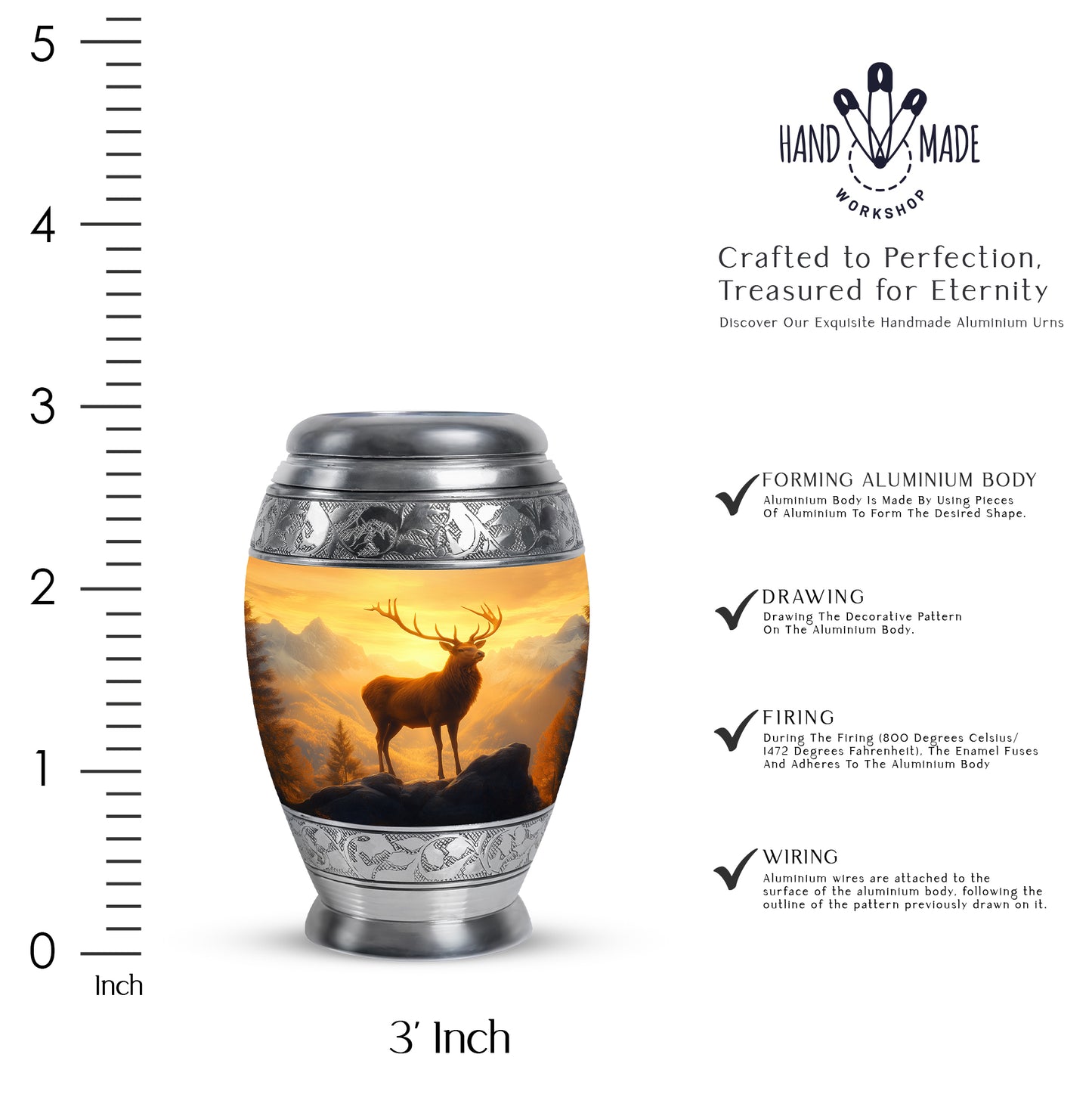 Champagne Gold Deer Cremation Urn lifestyle display on memorial shelf - ornate monarch-style deer relief on brushed aluminum - mini keepsake memorial for portion of cremation ashes