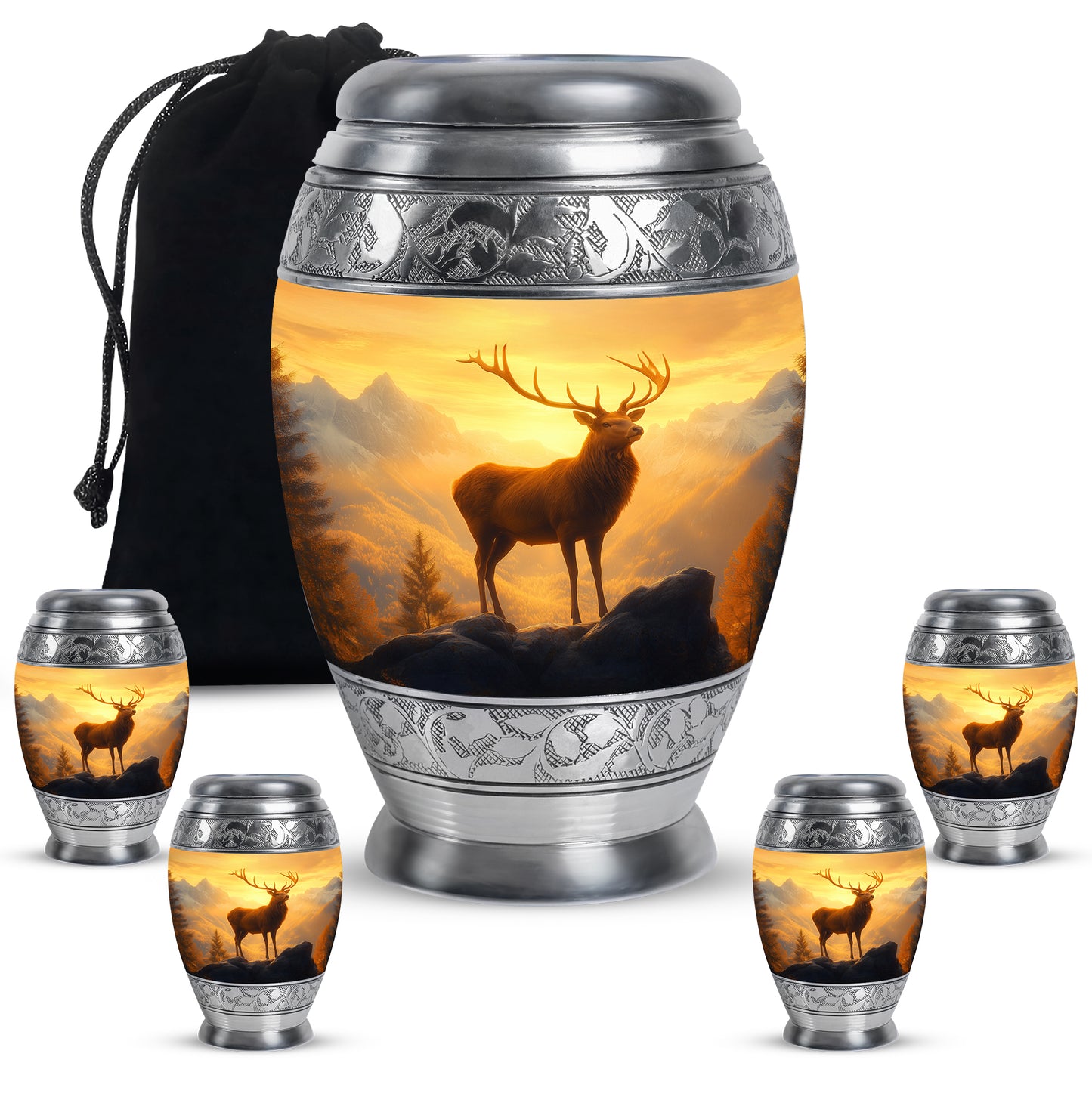 Royal Gold Deer Cremation Urn detail view - majestic deer pattern with filigree border - memorial set with one large and four small urns