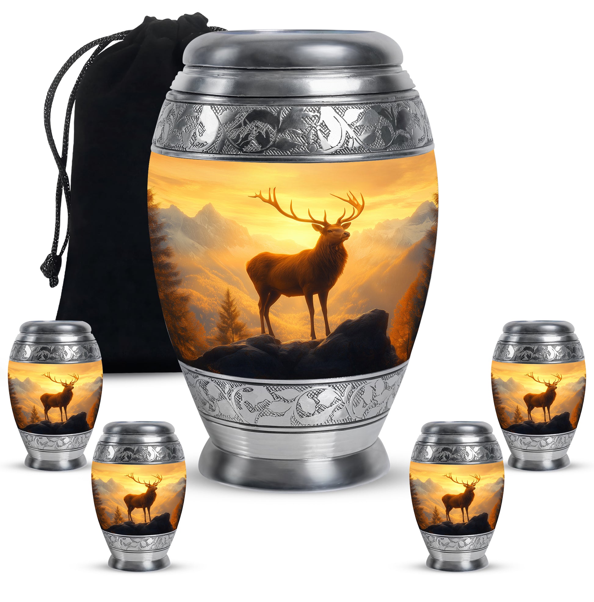 Royal Gold Deer Cremation Urn detail view - majestic deer pattern with filigree border - memorial set with one large and four small urns